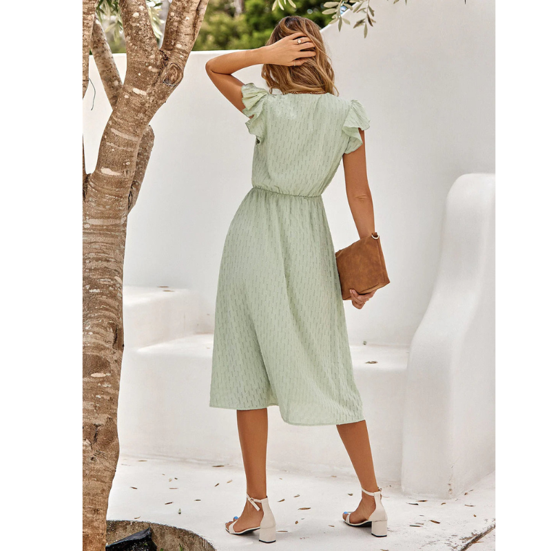 Rüschen Midi Sommerkleid Damen, V-Ausschnitt, A-Linie, fließende Rüschenärmel, femininer, legerer Stil für warme Tage.