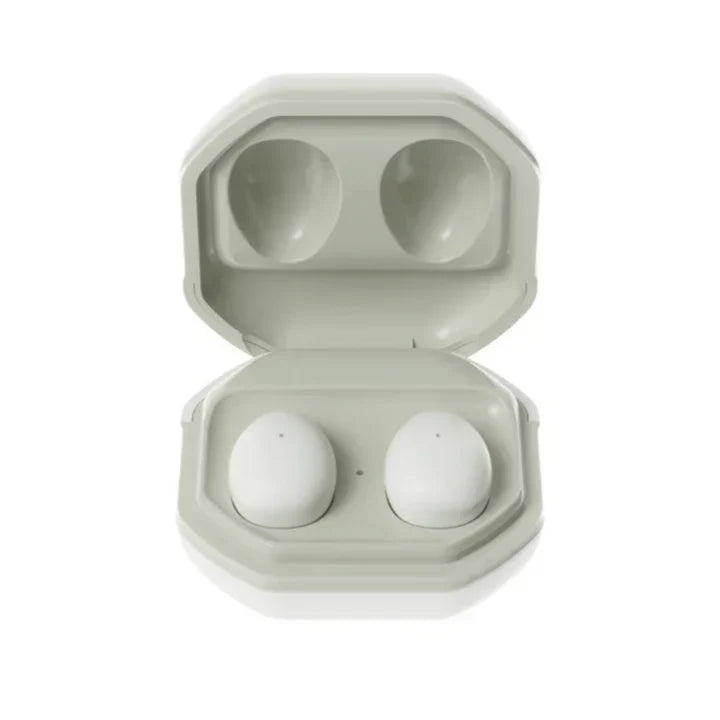 "Schallisolierende Schlaf-Ohrstöpsel in Ladebox, ergonomisch, beige, für komfortablen, ungestörten Schlaf."