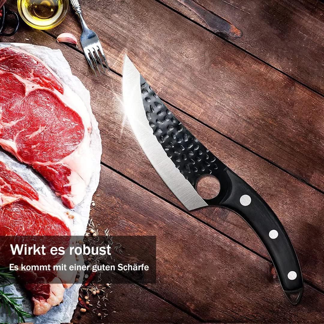 "Scharfes Küchenmesser mit Edelstahlklinge und gebogenem Holzgriff, ideal für präzises Schneiden und ergonomischen Komfort."