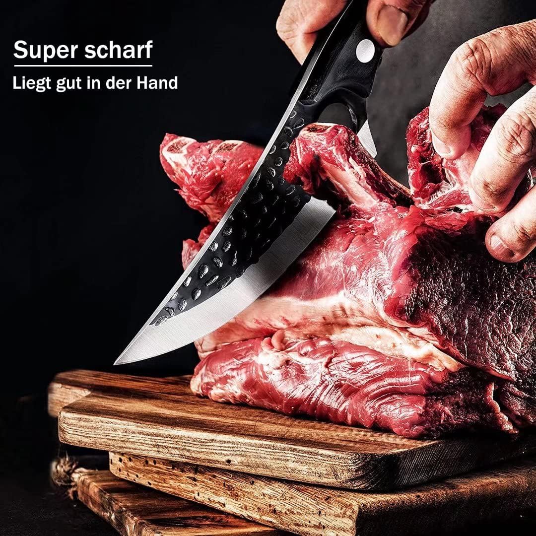 "Scharfes Küchenmesser mit Edelstahlklinge und gebogenem Holzgriff, ideal für präzises Schneiden und ergonomischen Komfort."