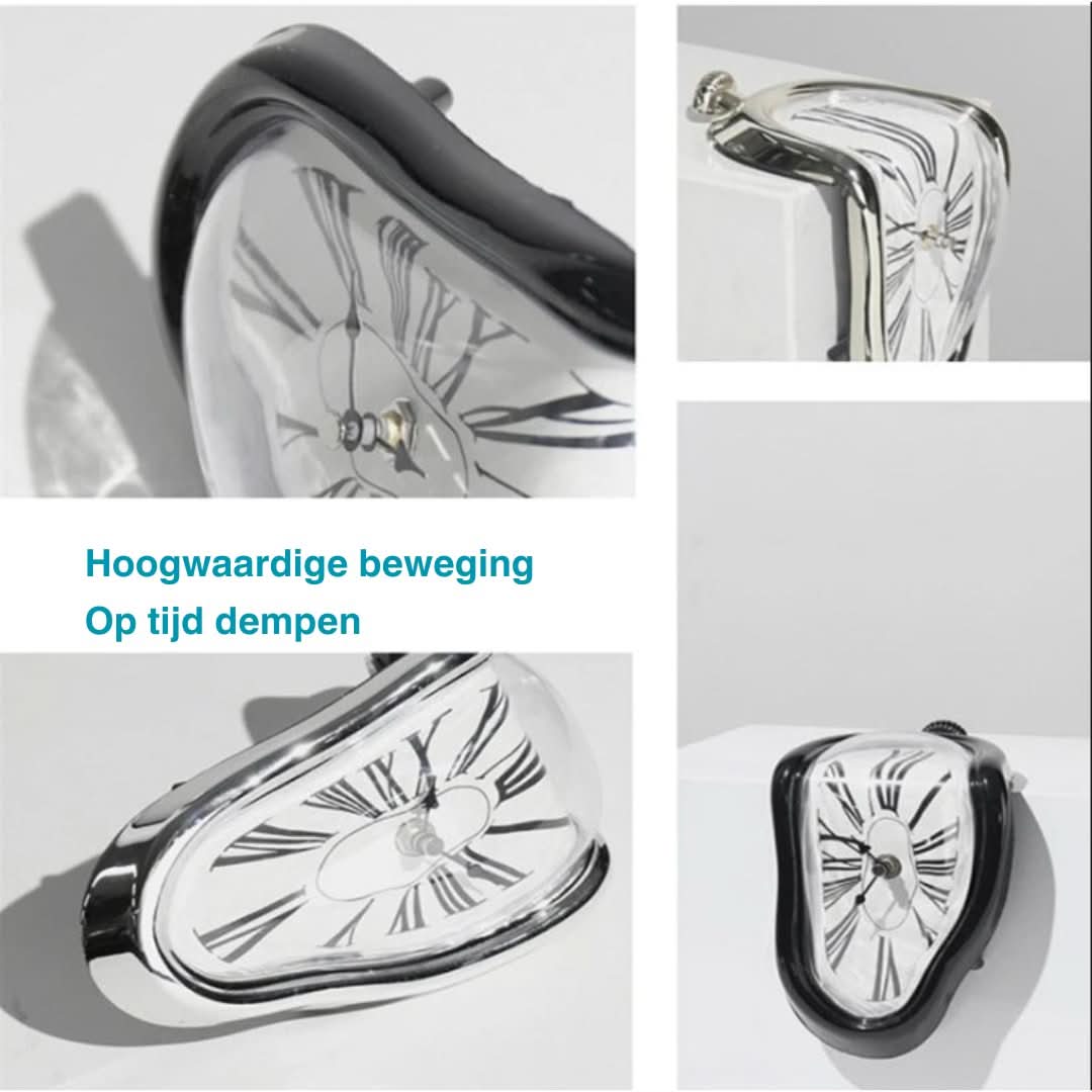 "Schmelzende Dekoruhr, surrealistisches Salvador Dali Design, goldene und schwarze Uhr auf einem Regal"