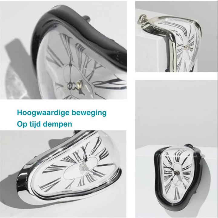 "Schmelzende Dekoruhr, surrealistisches Salvador Dali Design, goldene und schwarze Uhr auf einem Regal"