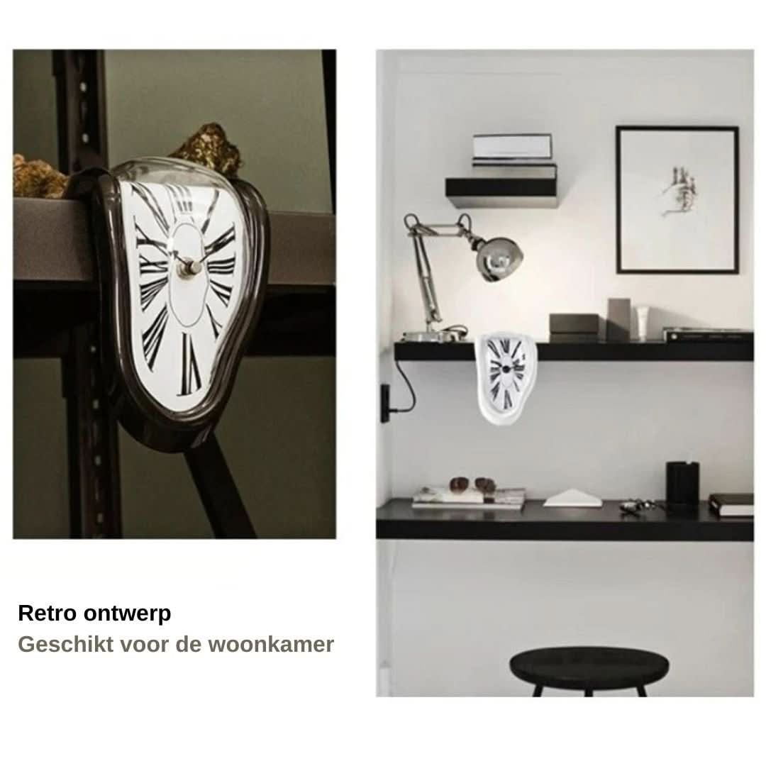 "Schmelzende Dekoruhr, surrealistisches Salvador Dali Design, goldene und schwarze Uhr auf einem Regal"