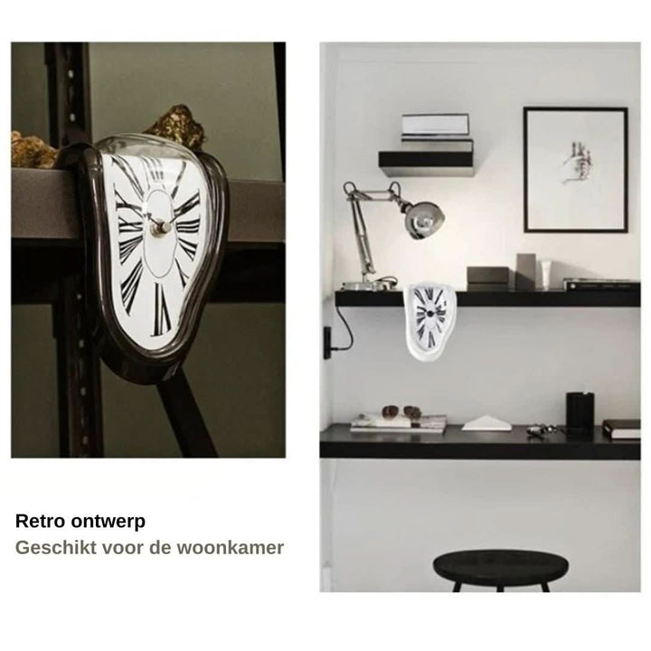 "Schmelzende Dekoruhr, surrealistisches Salvador Dali Design, goldene und schwarze Uhr auf einem Regal"