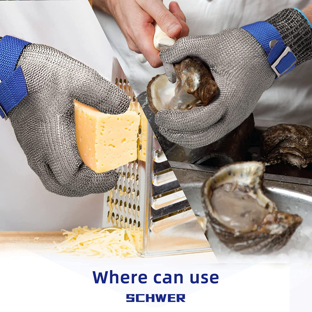 "Schnittfester Edelstahl-Mesh Handschuh, graue Struktur, blauer Verschluss, ideal für Küchen, Fleischverarbeitung"