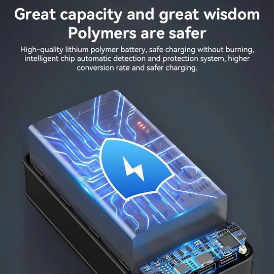 "Schwarze 100.000 mAh Powerbank, kompakt, mit zwei USB-Ports, geeignet für schnelles Laden von Smartphones und Tablets."