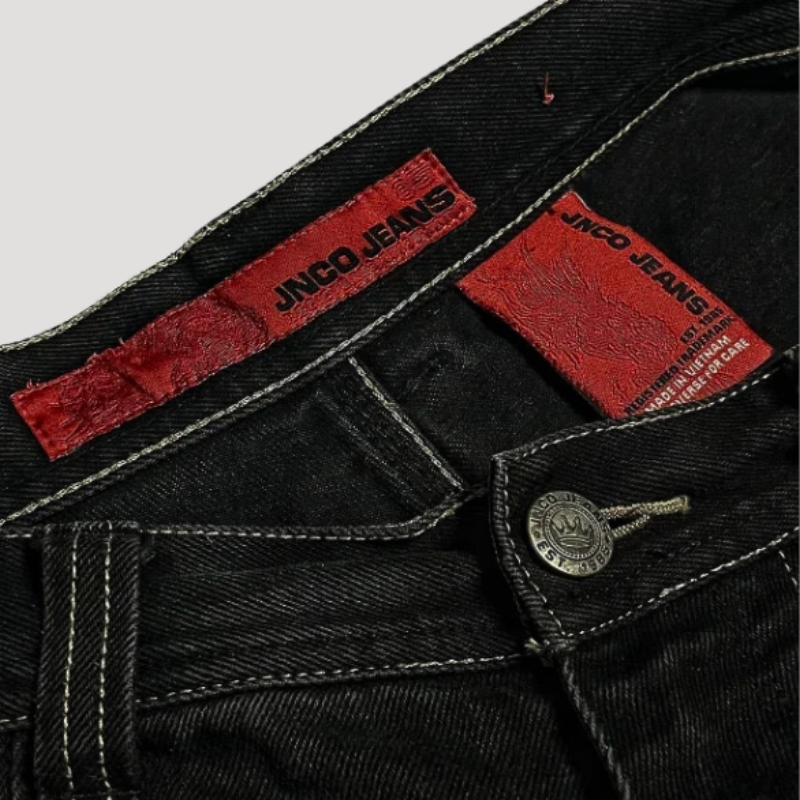 "Schwarze Baggy-Jeans Damen - hohe Taille, 90er Jahre Retro, lässige Passform, Schädelstickerei, robuste Materialien"