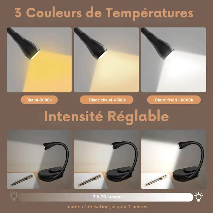 "Schwarze, flexible Buchclip-Leseleuchte, wiederaufladbar und tragbar, ideal für Schreibtisch oder Bett."