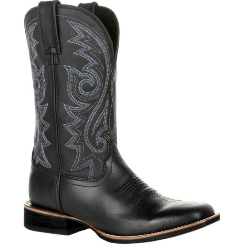 Schwarze Herren-Cowboystiefel im Westernstil, zeitlos elegant mit robusten Sohlen und weichem Innenfutter für hohen Komfort.