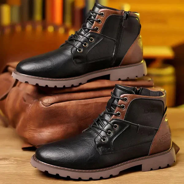"Schwarze Herren-Lederschnürstiefel mit verstärkten Sohlen, robustes Design, gepolstertes Innenfutter, stilvoll und alltagsta
