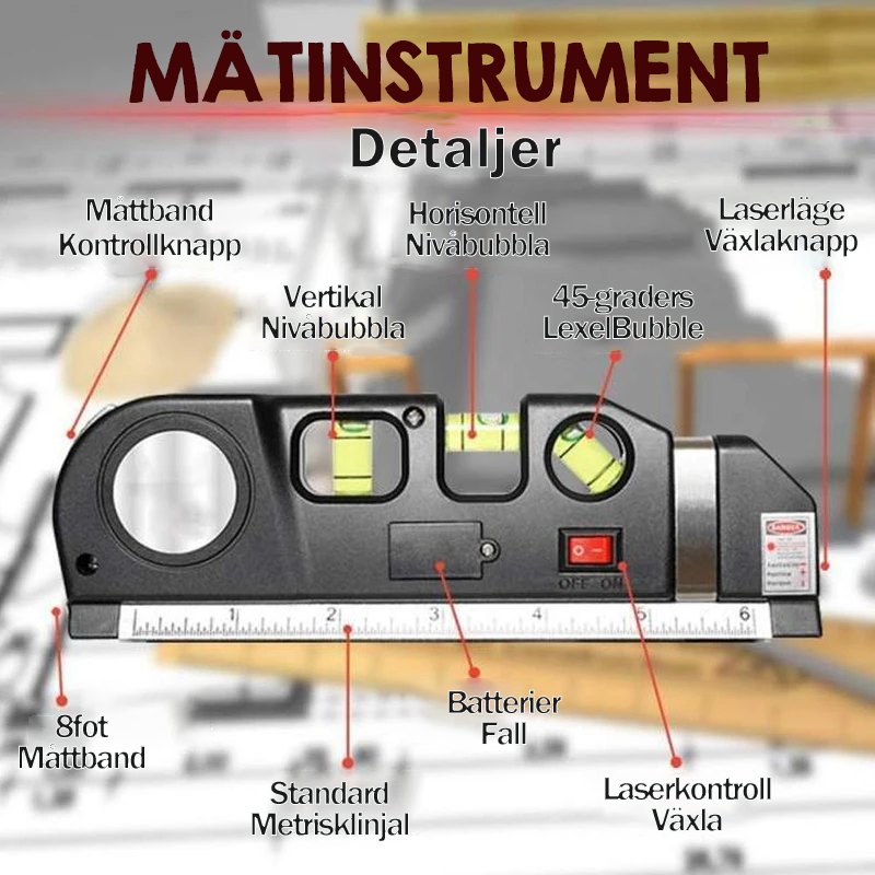 "Schwarze multifunktionale Laser-Wasserwaage mit Maßband, Blasenlibelle und Laserstrahl auf Holzhintergrund."