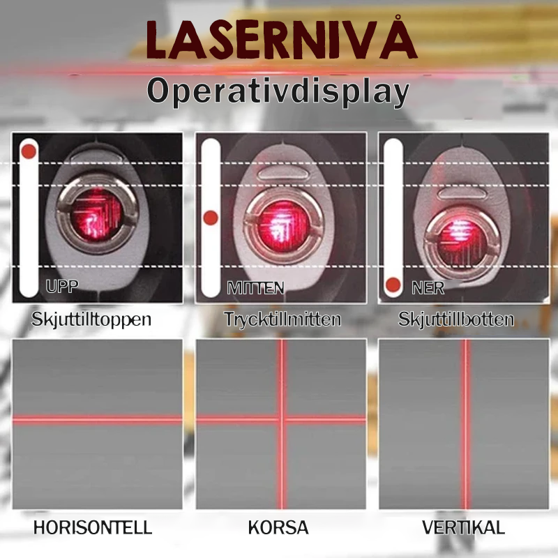 "Schwarze multifunktionale Laser-Wasserwaage mit Maßband, Blasenlibelle und Laserstrahl auf Holzhintergrund."