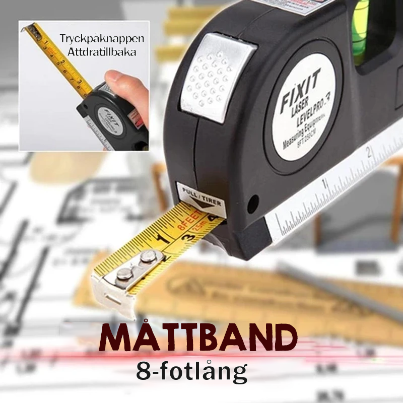 "Schwarze multifunktionale Laser-Wasserwaage mit Maßband, Blasenlibelle und Laserstrahl auf Holzhintergrund."