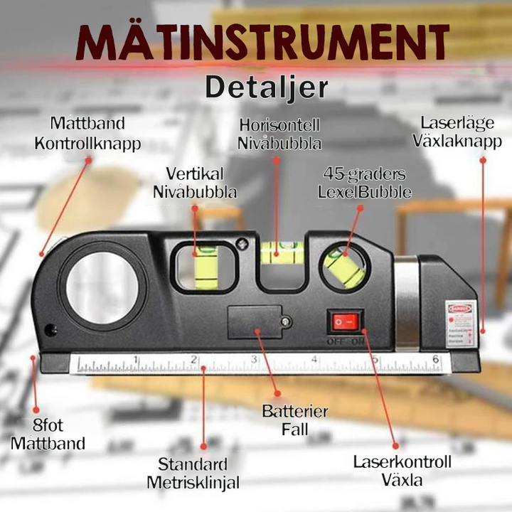 Schwarze multifunktionale Laser-Wasserwaage mit Maßband, Wasserwaage und Laserstrahl für präzise Heimwerkerarbeiten.
