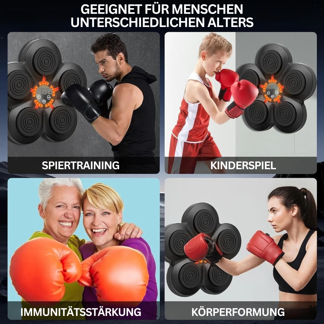 Schwarze Smart-Boxmaschine mit roten Handschuhen und Sensoren, ideal für interaktives Boxtraining zuhause.