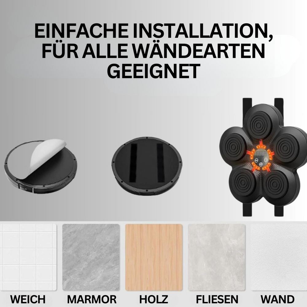 Schwarze Smart-Boxmaschine mit roten Handschuhen und Sensoren, ideal für interaktives Boxtraining zuhause.
