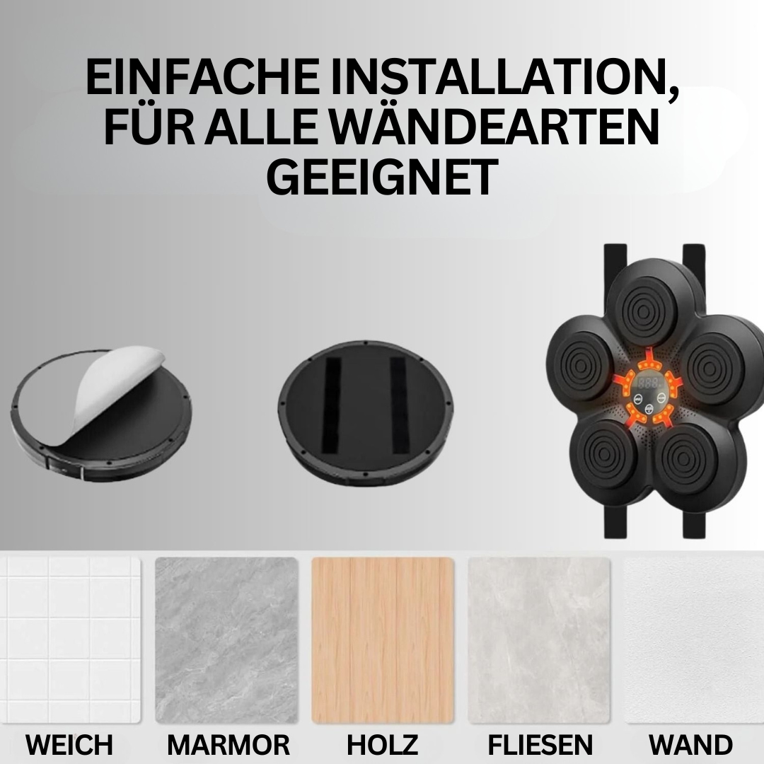 Schwarze Smart-Boxmaschine mit roten Handschuhen und Sensoren, ideal für interaktives Boxtraining zuhause.