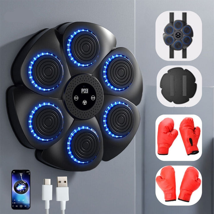 Schwarze Smart-Boxmaschine mit roten Handschuhen und Sensoren, ideal für interaktives Boxtraining zuhause.