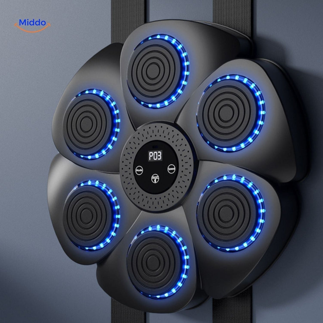 Schwarze Smart-Boxmaschine mit roten Handschuhen und Sensoren, ideal für interaktives Boxtraining zuhause.