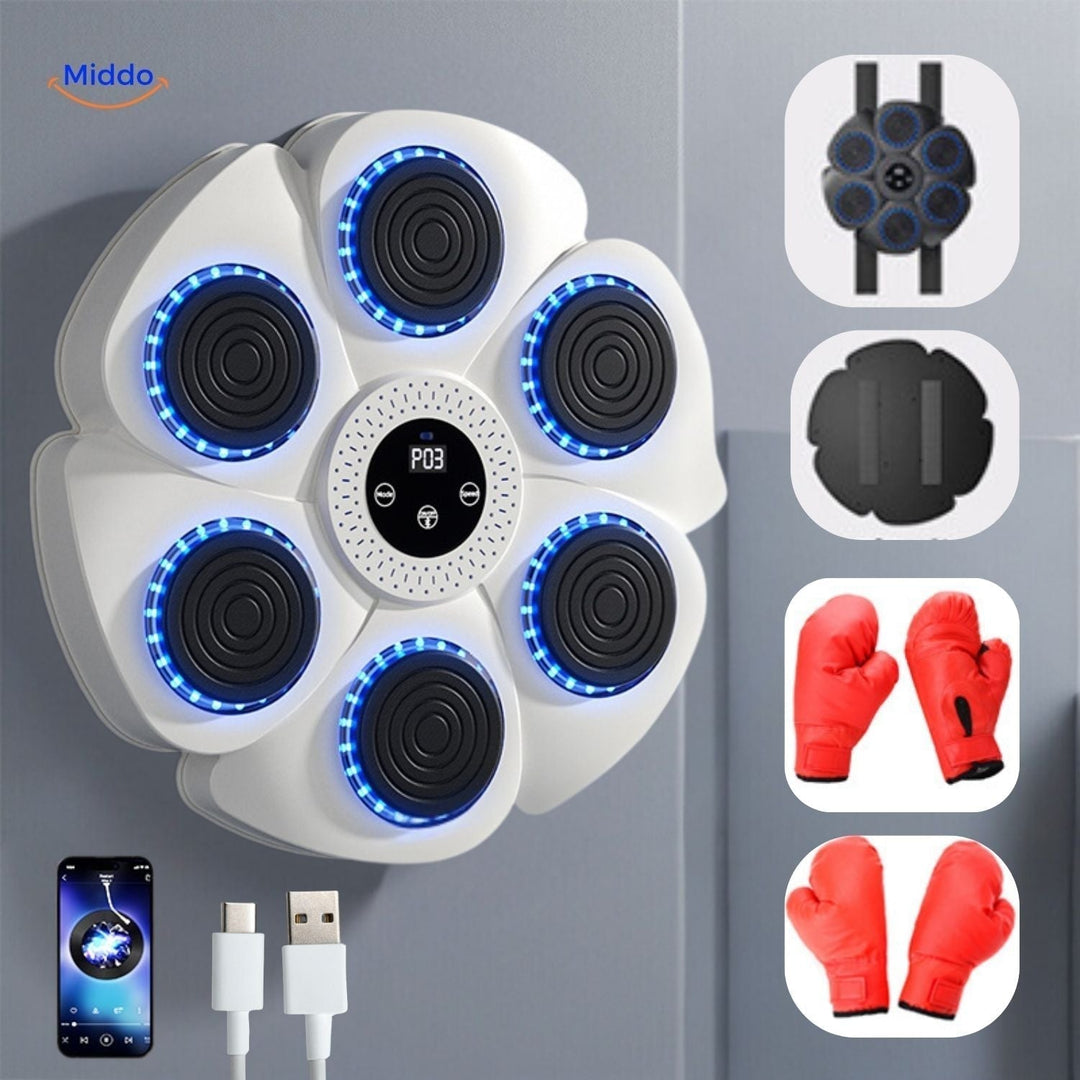 Schwarze Smart-Boxmaschine mit roten Handschuhen und Sensoren, ideal für interaktives Boxtraining zuhause.