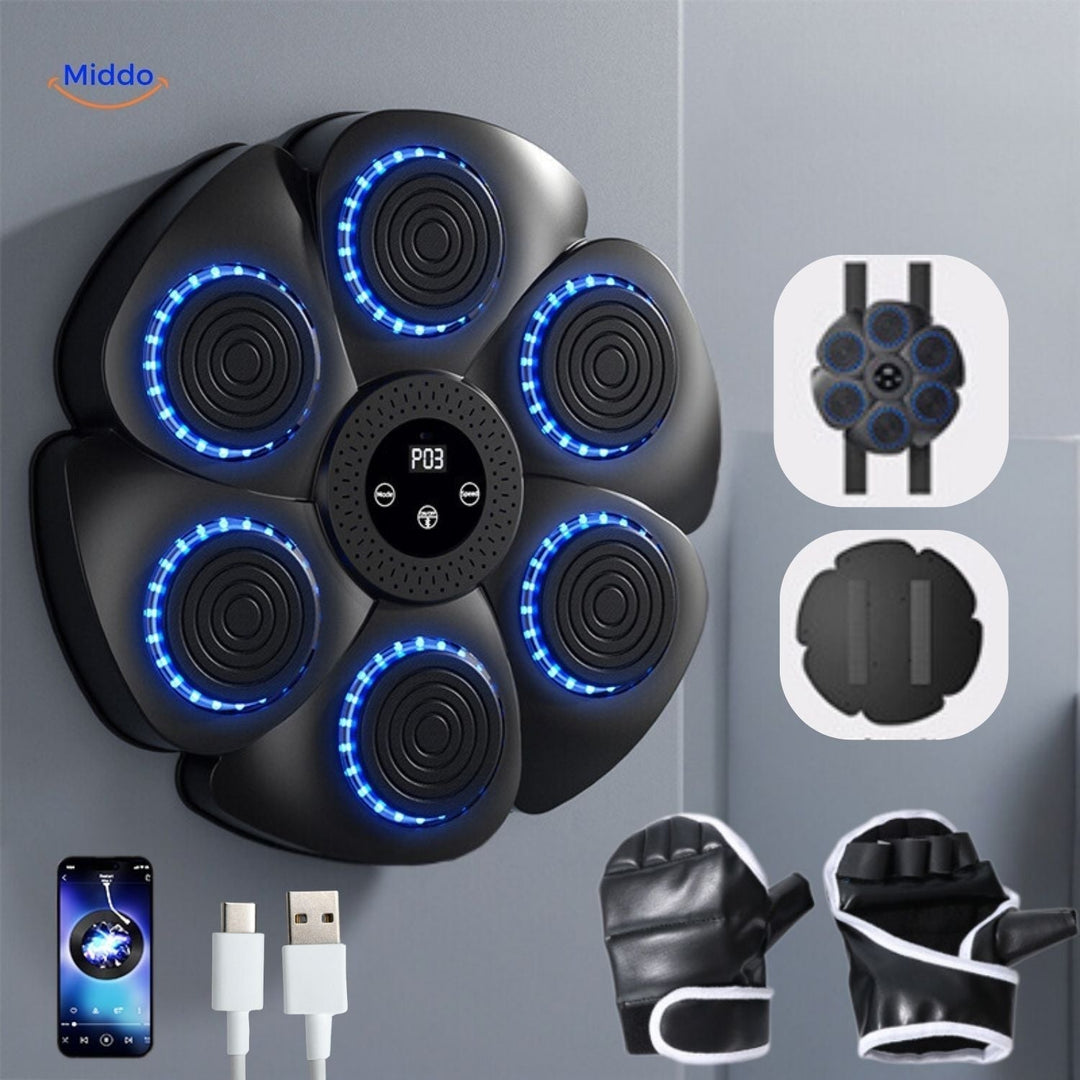 Schwarze Smart-Boxmaschine mit roten Handschuhen und Sensoren, ideal für interaktives Boxtraining zuhause.