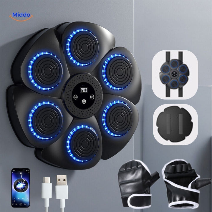 Schwarze Smart-Boxmaschine mit roten Handschuhen und Sensoren, ideal für interaktives Boxtraining zuhause.