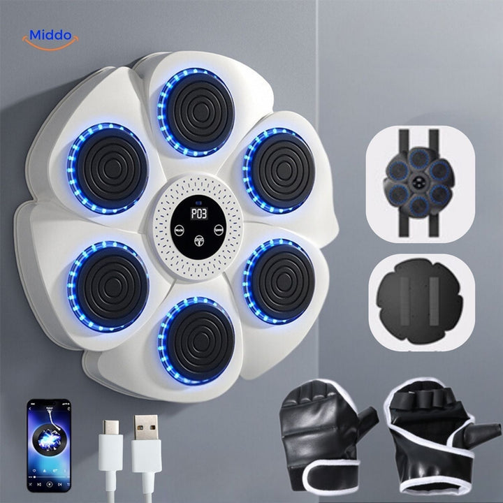 Schwarze Smart-Boxmaschine mit roten Handschuhen und Sensoren, ideal für interaktives Boxtraining zuhause.