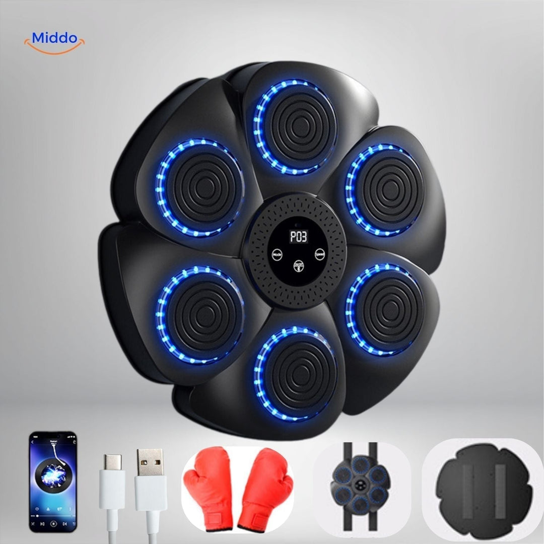 Schwarze Smart-Boxmaschine mit roten Handschuhen und Sensoren, ideal für interaktives Boxtraining zuhause.