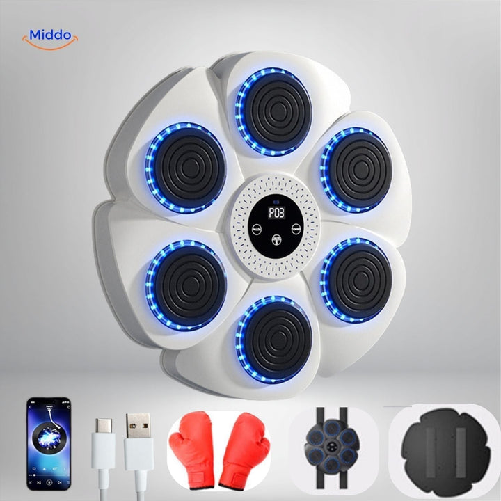 Schwarze Smart-Boxmaschine mit roten Handschuhen und Sensoren, ideal für interaktives Boxtraining zuhause.