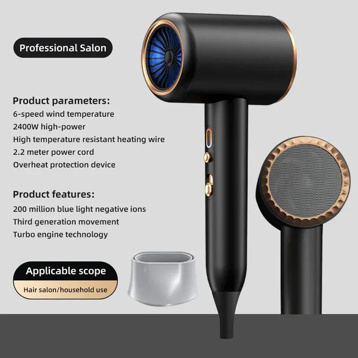 "Schwarzer 2400W Haartrockner mit Ionentechnologie, ergonomischem Griff und Kalt-/Warmluftfunktion für Profi-Styling."