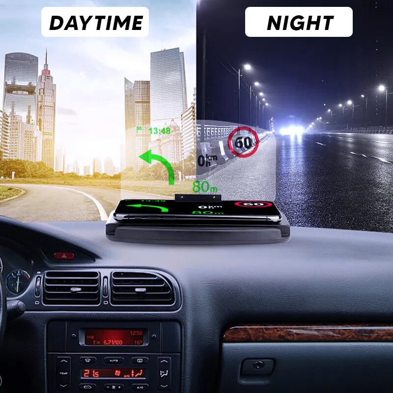 "Schwarzer Auto Handyhalter mit HUD-Anzeige & kabelloser Schnellladung, montiert auf Armaturenbrett für sicheres Fahren."