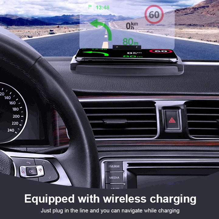 "Schwarzer Auto Handyhalter mit HUD-Anzeige & kabelloser Schnellladung, montiert auf Armaturenbrett für sicheres Fahren."