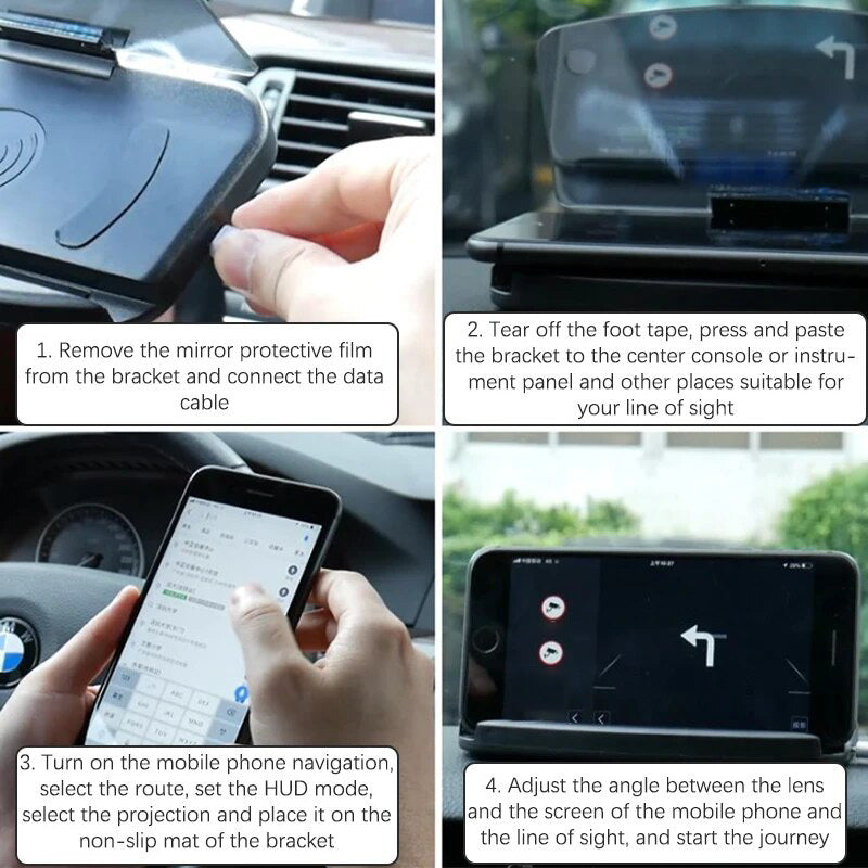 "Schwarzer Auto Handyhalter mit HUD-Anzeige & kabelloser Schnellladung, montiert auf Armaturenbrett für sicheres Fahren."