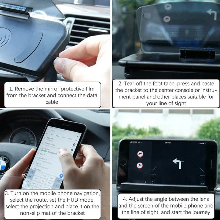 "Schwarzer Auto Handyhalter mit HUD-Anzeige & kabelloser Schnellladung, montiert auf Armaturenbrett für sicheres Fahren."