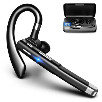 Schwarzes Bluetooth 5.1 Headset mit Dual-Mikrofon, flexiblem Ohrbügel und drehbarem Mikrofonarm für bequeme Nutzung.