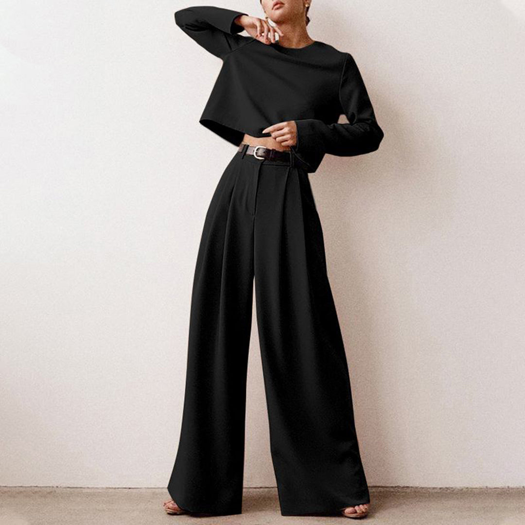 Schwarzes elegantes Damen-Zweiteiliges Set aus Hose und Oberteil, ideal für formelle und alltägliche Anlässe.