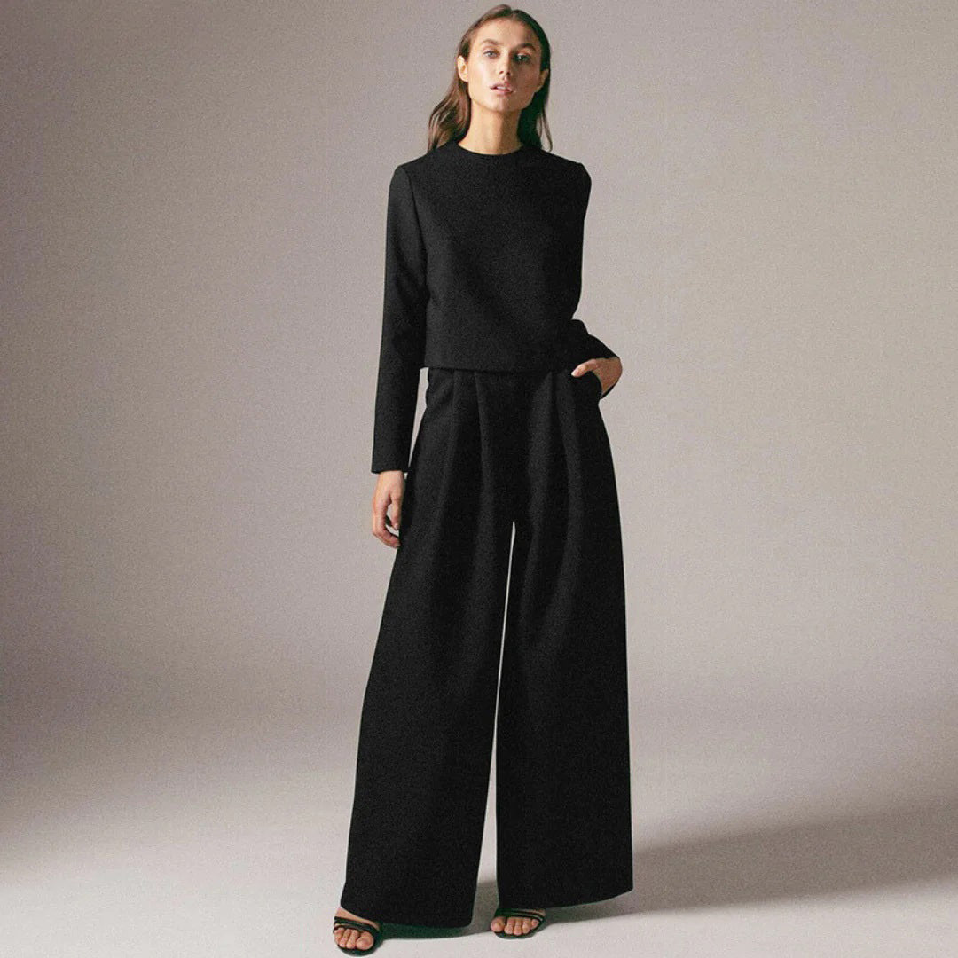 Schwarzes elegantes Damen-Zweiteiliges Set aus Hose und Oberteil, ideal für formelle und alltägliche Anlässe.