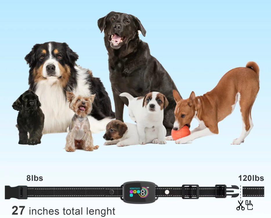 "Schwarzes Hundehalsband mit Fernbedienung, 8 Empfindlichkeitsstufen, Vibration und Schock, für effektives Hundetraining."
