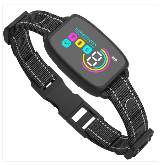 "Schwarzes Hundehalsband mit Fernbedienung, 8 Empfindlichkeitsstufen, Vibration und Schock, für effektives Hundetraining."