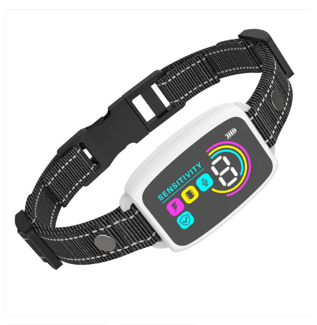 "Schwarzes Hundehalsband mit Fernbedienung, 8 Empfindlichkeitsstufen, Vibration und Schock, für effektives Hundetraining."