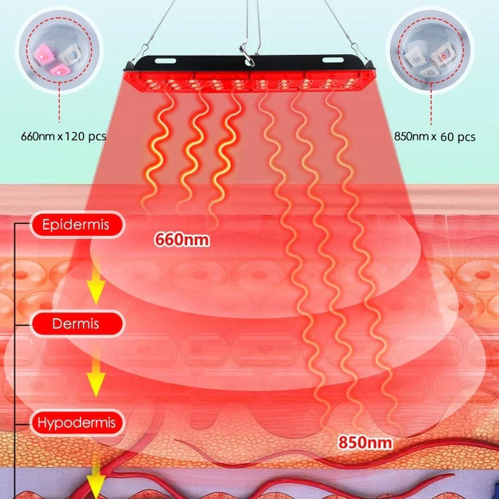 "Schwarzes Rotlichttherapie-Panel mit LEDs, 660nm und 850nm Wellenlängen, für Muskel- und Gelenkschmerzlinderung."