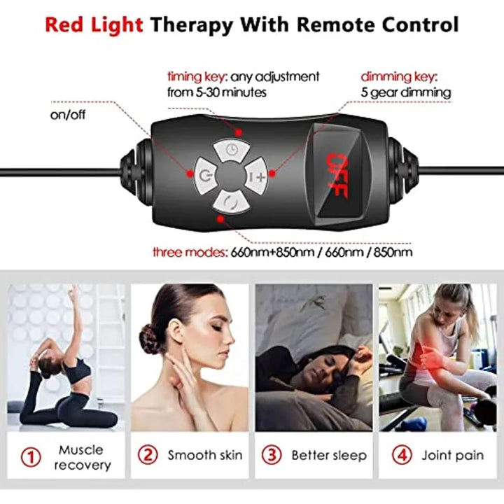 "Schwarzes Rotlichttherapie-Panel mit LEDs, 660nm und 850nm Wellenlängen, für Muskel- und Gelenkschmerzlinderung."