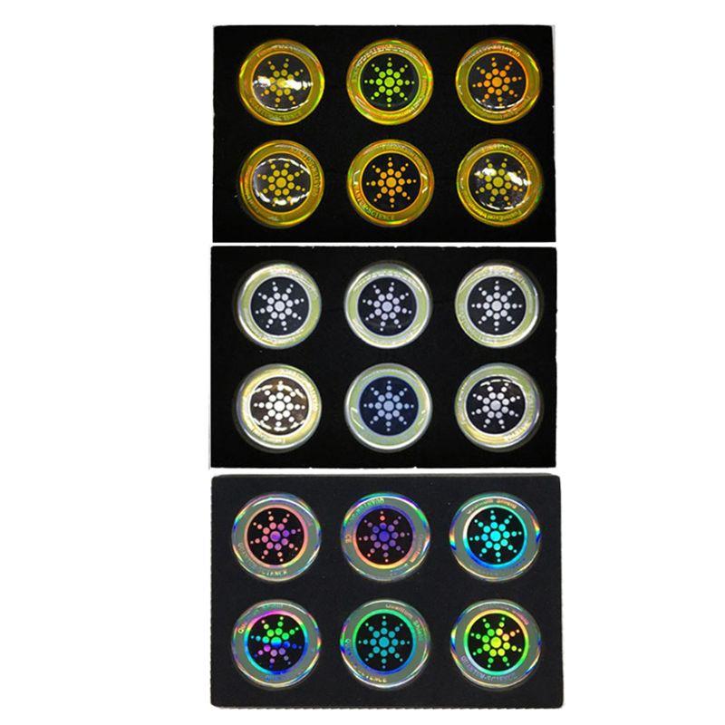 "Sechs Handy Strahlenschutz Aufkleber in Gold und Silber für elektrosmogfreien Gebrauch und besseren Schlaf"