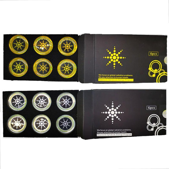 "Sechs Handy Strahlenschutz Aufkleber in Gold und Silber für elektrosmogfreien Gebrauch und besseren Schlaf"