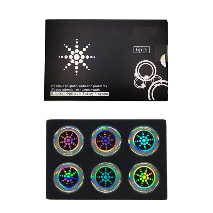 "Sechs Handy Strahlenschutz Aufkleber in Gold und Silber für elektrosmogfreien Gebrauch und besseren Schlaf"