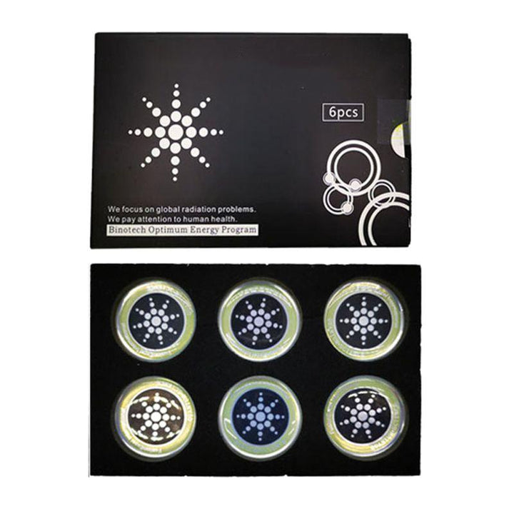 "Sechs Handy Strahlenschutz Aufkleber in Gold und Silber für elektrosmogfreien Gebrauch und besseren Schlaf"