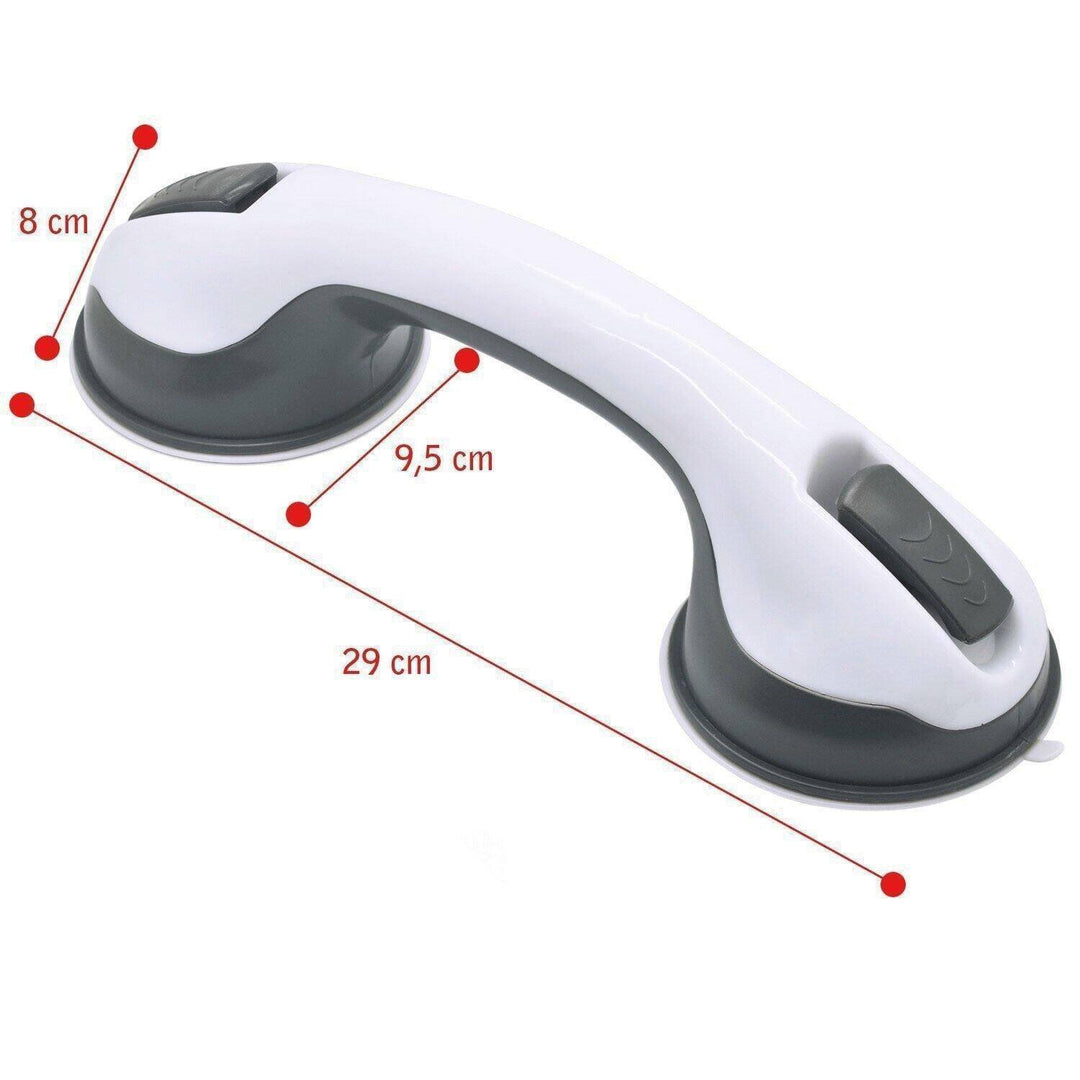 "SecureGrip Haltegriff in Dusche montiert, robuster Griff mit starken Saugnäpfen auf glatten Fliesen für stabilen Halt."