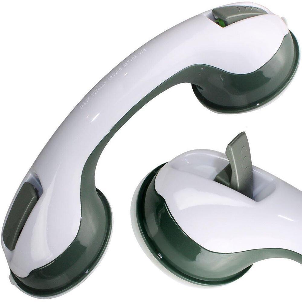 "SecureGrip Haltegriff in Dusche montiert, robuster Griff mit starken Saugnäpfen auf glatten Fliesen für stabilen Halt."