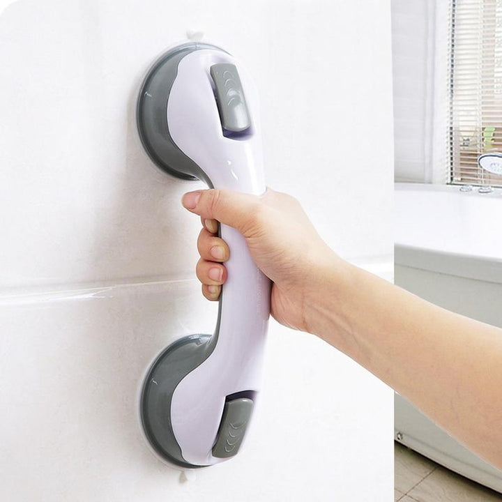 "SecureGrip Haltegriff in Dusche montiert, robuster Griff mit starken Saugnäpfen auf glatten Fliesen für stabilen Halt."