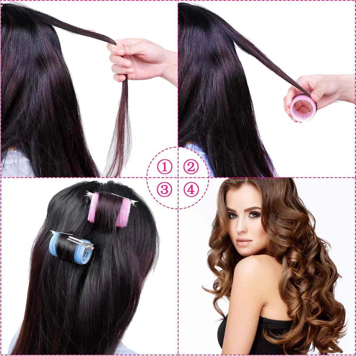 Selbstklebende Haarwickler in diversen Größen für voluminöse, hitzefreie Locken. Einfach anzuwenden, schonend für das Haar.
